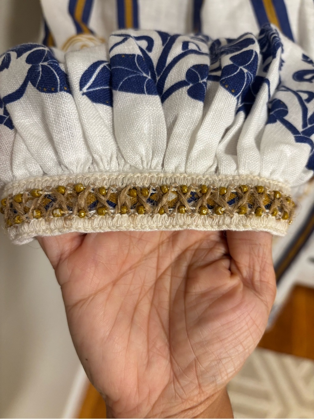 Farm Rio Pineapple Linen Midi Dress Blue Gold Embroidered Puff Sleeve Small NWT - Picture 9 of 14